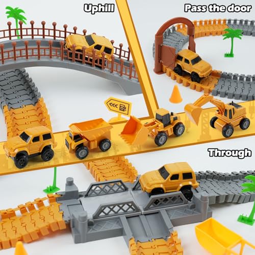 Image of Construction Race Car Track Set for Kids - Flexible Engineering Toys with 2 Electric Cars, Birthday Gift for 3 4 5 6 7 Year Old Boys, DIY Road Games Playset with 220+ PCS
