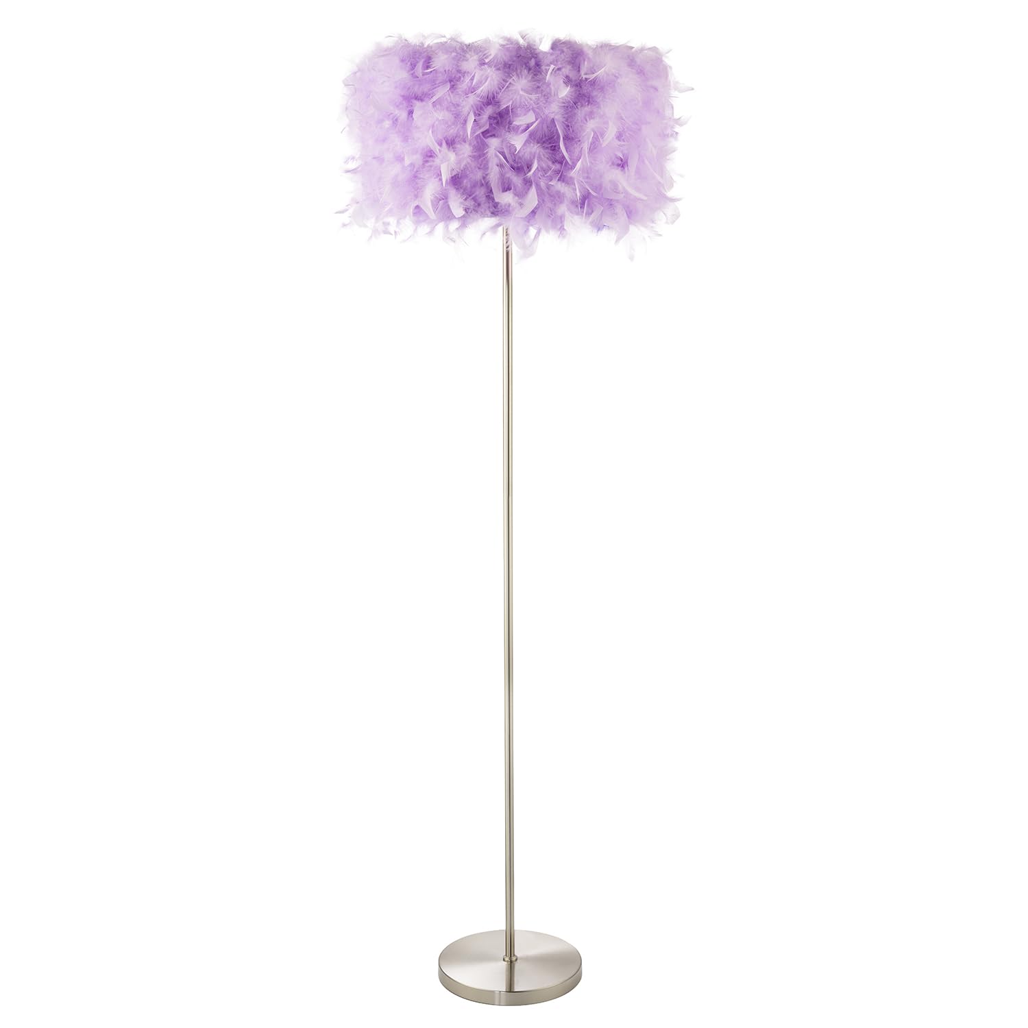 Happy Homewares Modern and Chic Soft Lilac Feather Standard Floor Lamp with Satin Nickel Base and Foot Switch | 150cm x 40cm | 1 x 11w E27