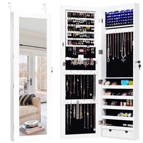 HOMASIS Espejo Joyero de Pared Con LED y Cerradura, Armario Con Espejo de Figura Entera Para Puerta, Organizador Para Joyas, Gancho de 4,6 cm, Blanco