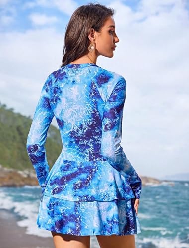 ZAFUL Women\'s One Piece Rash Guard Long Sleeve Modest Swimsuits Dress Zipper Bathing Suit Swimskirt 1-Ocean-M - Thumbnail 3