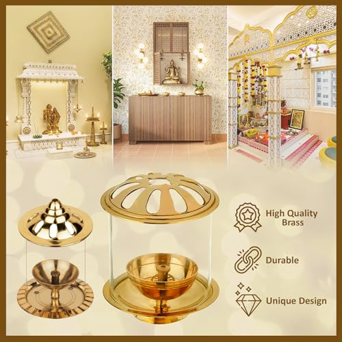 Image of Klassic Combo of Big Akhand Diya with Navjyoti Small Akhand Diya with Borosilicate Glass Shade for Mandir with Glass Cover Cylindrical Brass Diya