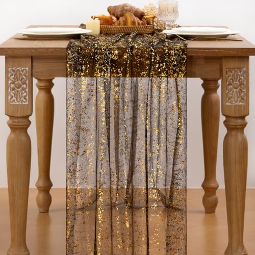 Image of MLMC 3Pcs Black Gold Table Runner Sheer Gauze Glitter Metallic Foil Tulle Table Centerpieces 120 Inch 10 FT for Wedding Anniversary Holiday Dining Home Party Table Decor