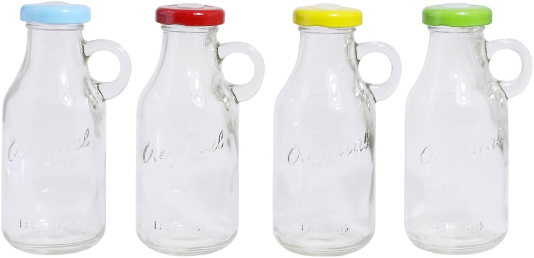 Modern Reusable Glass Milk Bottle with Small Handle and Opening for Straws- One Set of 4, Green, Red, Blue, and Yellow