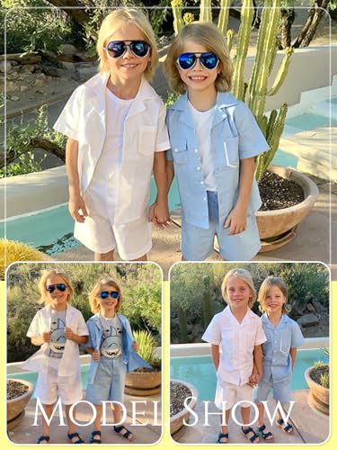 Image of LOLANTA Boys 2 Pieces Linen Set kids Short Sleeve Button Down Shirt and Shorts Summer Vacation Outfits