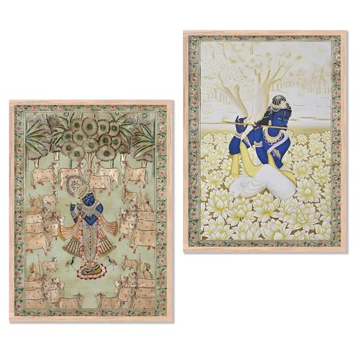 Image of kotart Traditional Indian Wall Art Painting Set of 2 | Kamdhenu Cow Design | MDF Wooden Framed Spiritual Wall Decor for Living Room, Pooja Room & Home (Art 6, 14x20 Inch)