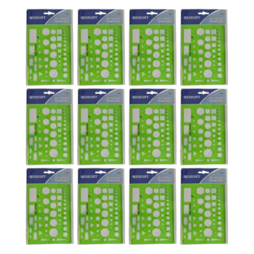 Image of Westcott T-816 All-Purpose Technical Drawing Template, 12 Count | Plastic Shape Template Tool, Green, 4.5 inch x 6.25 inch