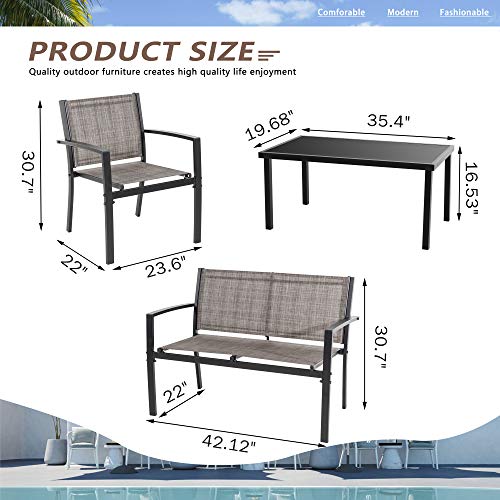 Image of Vongrasig 4-Piece Modern Metal Textilene Patio Furniture Set - Small, Taupe with Loveseat & Glass Table for Lawn, Garden, Porch, Balcony, Backyard (Taupe)
