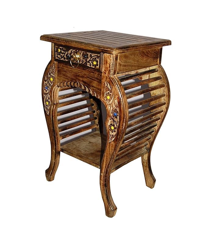 Image of Wooden Side Table & Stool-Natural Wood Antique Look End Table with Drawer for Living Room Brown