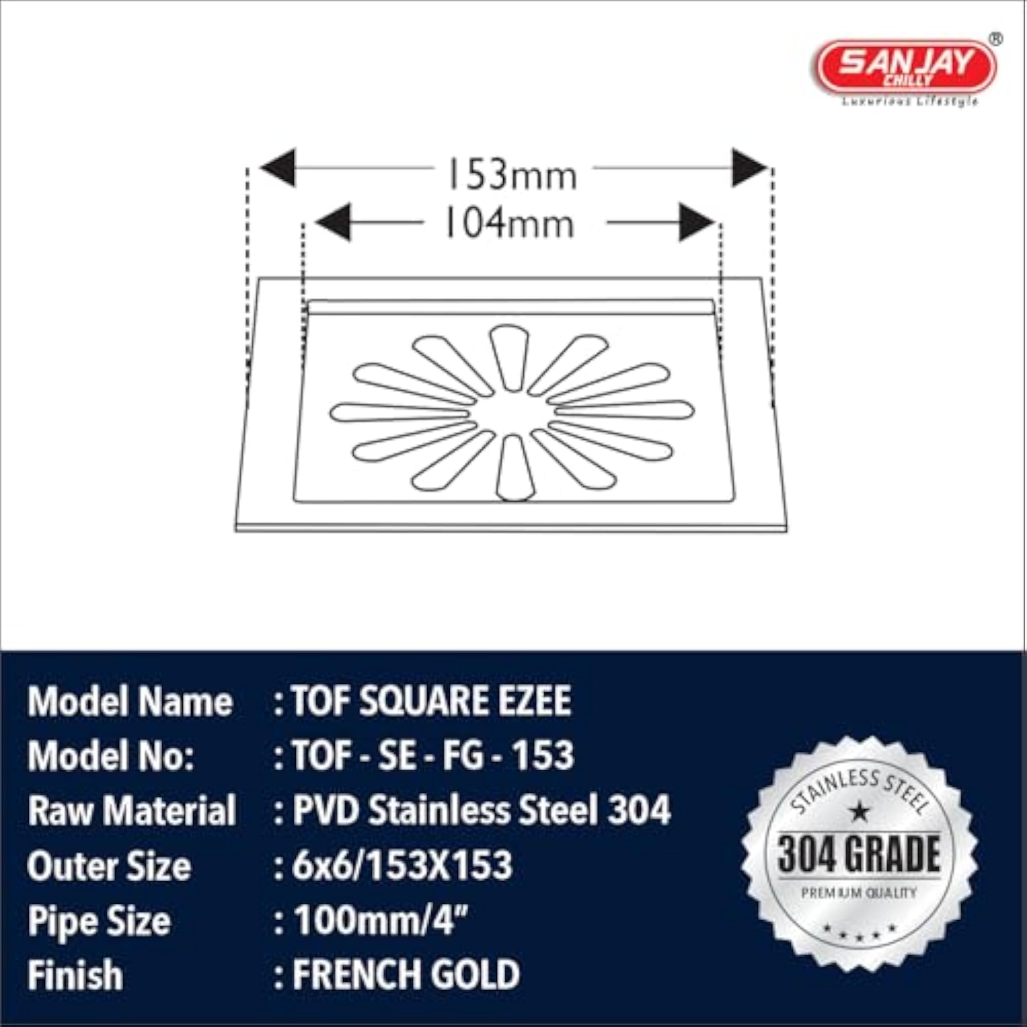 Square Ezee SS Floor Drain Colour Collection 304 Bathroom Gratings