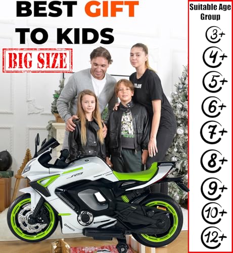 Image of Wishmaster Kids Battery Operated Rechargeable Electric Bike | 2 Seater Motorbike 3, 4, 5, 6, 7, 8, 9, 10, 11, 12 Years Children | Big Ride On Motorcycle (R9 Big Bike (4-12 Years), White)