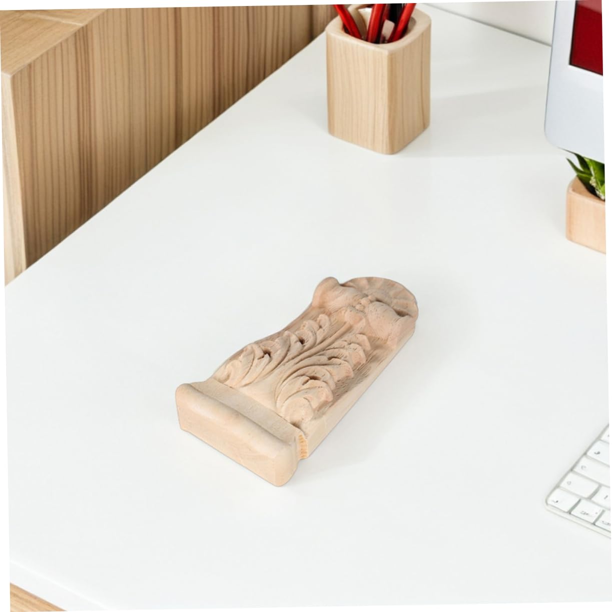 NUOBESTY 2 Stück Holzschnitzerei Dekoration im Europäischen Landhausstil Holzsäulen Konsolen mit Eleganter Holzapplikation für Wohnungszubehör und Möbeldekoration