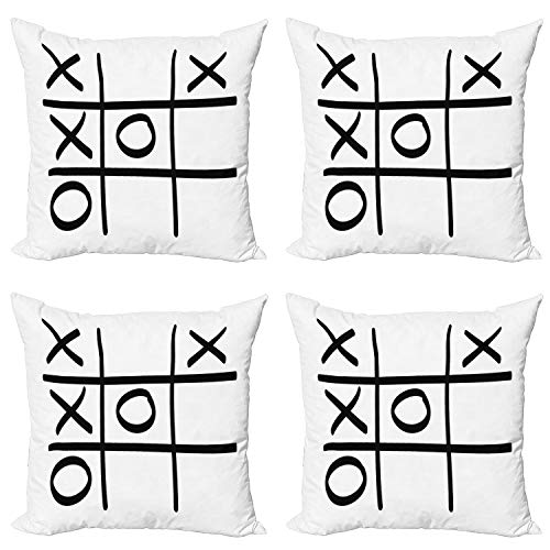 ABAKUHAUS XO Set de 4 Fundas para Cojín, Patrón Juego manía, Estampado Digital en Ambos Lados y Cremallera, 45 cm x 45 cm, En Blanco y Negro