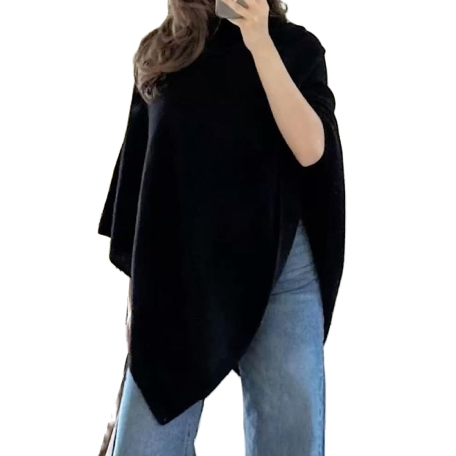 Muineobuka Women Turtleneck Poncho Sweater Fringed Hem Tassels Knitted Cropped Pullover Cape Shawl
