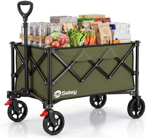 Sekey XXL 4026 Bollerwagen Faltbar 135L 150KG Geländereifen | Faltbollerwagen mit Bremse Handwagen, Patentiert 4-Wege-Sofortaufbau Transportwagen klappbar, Olivgrün