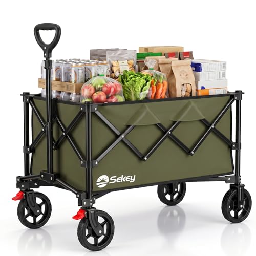 Sekey Bollerwagen Faltbar 135L 150KG Belastbar, Transportwagen klappbar mit Geländereifen mit Bremse, Patentiert 4-Wege-Sofortaufbau Handwagen, XXL 4026, Olivgrün