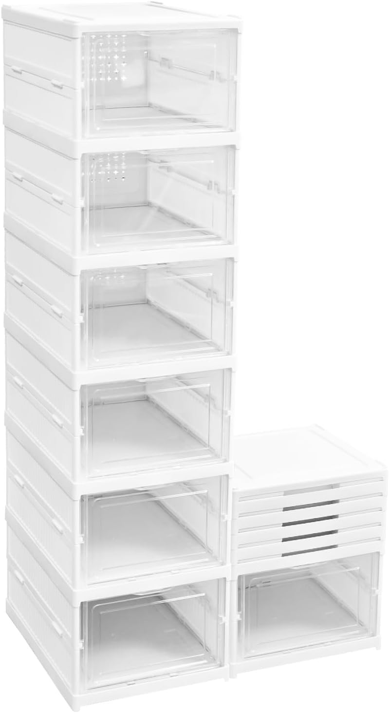 Foldable Shoe Storage Box, No Assembly 6 Tiers Shoe Organizer with Clear Door, Stackable Shoe Sneaker Standing Rack for Entryway Living Room Bedroom