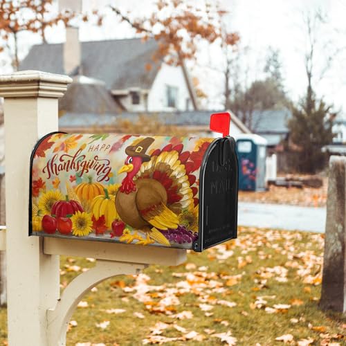 Image of Happy Thanksgiving Day Mailbox Cover Magnetic Standard Size 21 x 18 Thanksgiving Turkey Mailbox Cover Fall Harvest Post Letter Box Wrap Decor for Farmhouse Garden Yard Outdoor Decoration