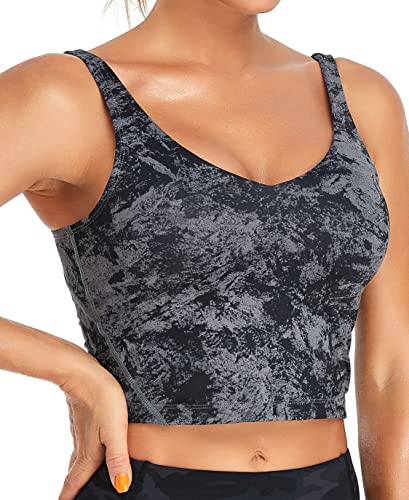 Image of Oalka Sports Bra Womens Longline Padded Crop Yoga Tank Tops | Built in Bras, Workout, Athletic, Fitness, Super Soft, Comfort, Cropped Top, Removable Pads, Heart Neckline For Women