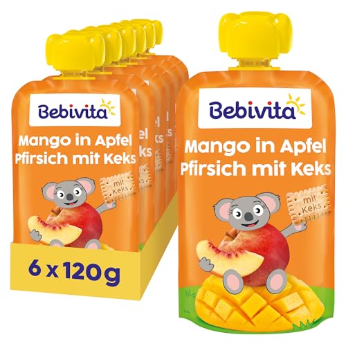 Bebivita Mango in Apfel Pfirsich mit Keks Quetschie (6 x 120g) ohne Zuckerzusatz aus milden Früchten und wertvollem Getreide ideal für unterwegs und selbständiges Snacken