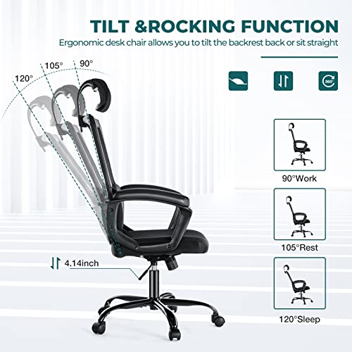SMUG Office Desk Computer Chair,Ergonomic Comfy Swivel Rolling Game Home Mesh High Back Chairs with Wheels,Lumbar Support,Adjustable Headrest,Comfortable Pillow,120°tilt for Bedroom,Study,Black - Image 5