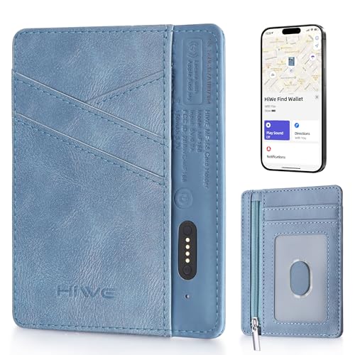 Ultra Slim Minimalist Wallet for Women, Works with Apple Find My, Leather RFID Blocking Credit Card Holder, Small Ladies Womens Wallet with Zipper Coin Pocket and ID Window, Blue