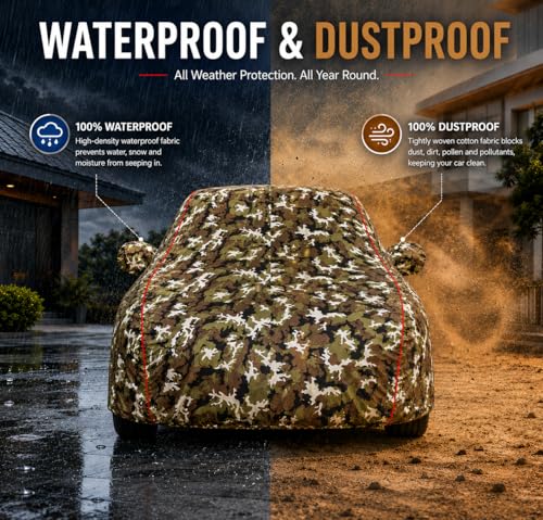Image of Compatible with XUV 3XO EV Models 100% Waterproof Car Cover for All Weather Protection Mirror & Inner Cotton Triple Stitched Cover, Adjustable Belt Bottom Elastic (Jungle Print)