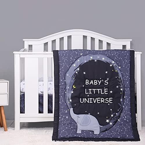 Baevellery Crib Bedding Set for Boys Girls Soft Cute 3Piece Toddler Baby Bedding Crib Sets for Boys Space Elephant Black Grey | Crib Comforter, Fitted Sheet, Dust Ruffle