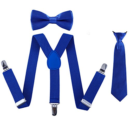 Kids Suspender Bowtie Necktie Sets - Adjustable Elastic Classic Accessory Sets for Boys & Girls (Royal blue)