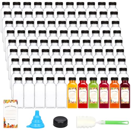 Moretoes 160pcs 12oz Plastic Juice Bottles with Caps, Clear Empty Reusable Bottles with Brush Funnel and Labels for Juicing, Smoothies and Other Beverages