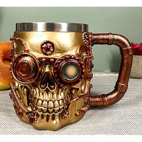 Ebros Gift Golden Steampunk Detective Skull Coffee Mug With Painted Mechanical Gearwork Red Pipeline Design Beer Stein Tankard Drink Cup 14oz (Red Steampunk Skull) Cover