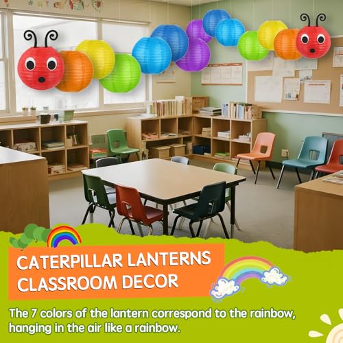 Image of LYART 7 Pcs Hungry Caterpillar Paper Lanterns Decoration for School Classroom Birthday Party and Caterpillar Theme Party Ceiling Hanging Decor, with Eyes Mouth Feelers Glue Point (7Pcs Rainbow)