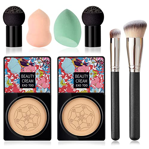 Morelucky 2 Pack Mushroom Head Air Cushion CC Cream Natural Foundation, Foundation Brush Powder Brush, Moisturizing Matte Oil Control Concealer, Bright Makeup Base, Long Lasting Liquid 8 Piece Set