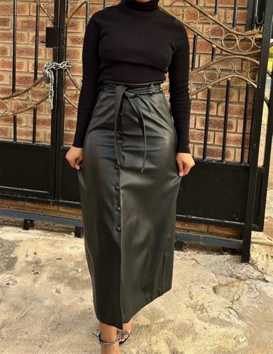 Faux PU Leather Maxi Long Skirt with Belt, Women Button Down Slit Skirt3