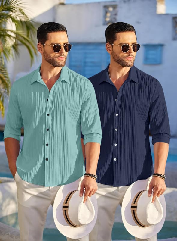 Image of FINIVO FASHION Men's Cotton Blend Shirt Set Lightweight, Full Sleeves, Plain Texture, Button Closure, Summer Ready (Pack of 2)