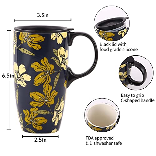 Dusvally Ceramic Mug Christmas Coffee Cup Tall Mugs Porcelain Latte Tea Cup With Lid And Handle 17Oz,Sunflower #TOP2