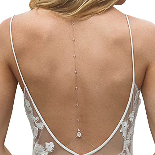 Rhinestone Crystal Back Chain Jewelry for Women Bride Backless Rhinestone Waterdrop Body Chain Belly Waist Necklace Wedding Dress Accessories (Silver)