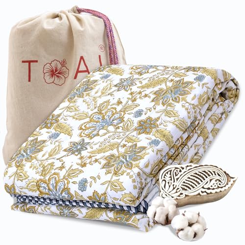 Image of TOAIArt Premium Jaipuri Dohar | AC Blanket Summer Quilt | Hand Block Printed | 3 Layers | Reversible | 150GSM 100% Mulmul Cotton | 100% Cotton Flannel Filling | Single 60 inch X 90 inch |Autumn Leaves