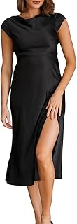 Women's Summer Satin Elegance Backless Twist Cap Sleeves Midi Dress 2023 Sexy Cowl Neck Slit Cocktail Wedding Guest Dresses