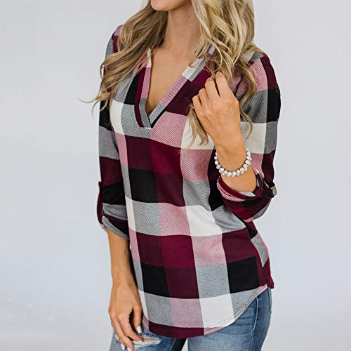 Women Long Sleeve Flannel Plaid T Shirts Pullover Sweatshirts Sexy V Neck Tops Casual Boyfriend Tunic Blouses Hoodies D-red