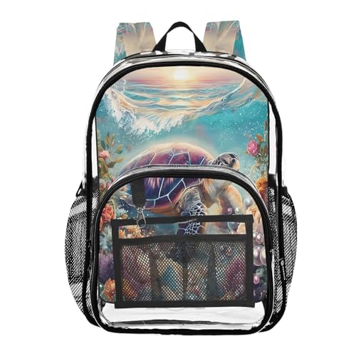 Sea Turtle Pearl Coral Reef Clear Backpack Heavy Duty See Through Transparent PVC BookBag for Kids Boy Girl School Work