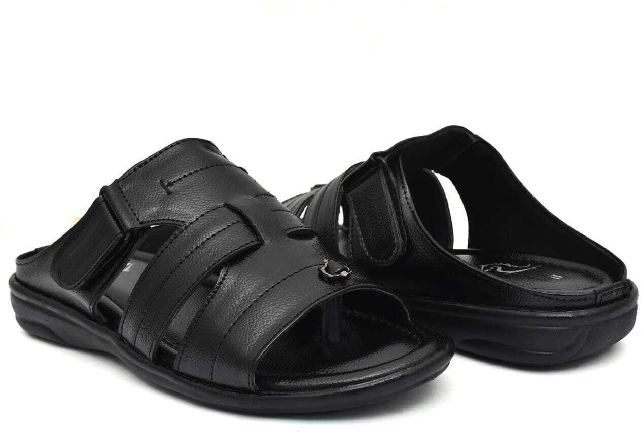 Men's Leather Comfort Sandals, Black, Multi-Strap Design, Slip-On Style-image-1