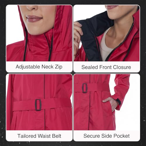 Image of Amazon Brand - Symactive Rain Coat for Women | Waterproof Polyester with PVC Coating | Hooded Long Coat with Belt | Seam Sealed | Reflective Branding | Pink & Black, L