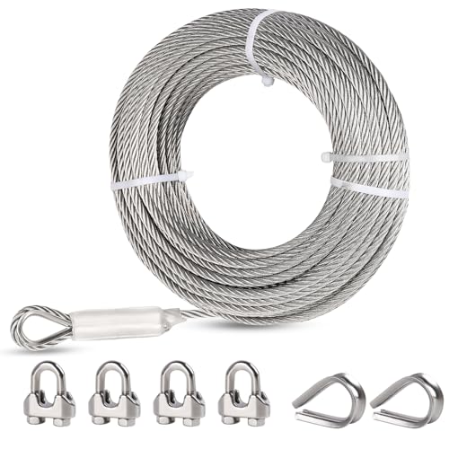hannger 5/16 Stainless Steel Cable, 125ft Wire Rope, 7x19 Strand Steel Cable with Loops, Wire Rope Clamps & Thimble, 9000 lbs Break Strength, Aircraft Cable for Zip line, Boat Lifts, Deck Railing