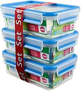 Emsa 508558 Clip & Close 3-piece set of food storage containers, 1 litre, transparent/blue