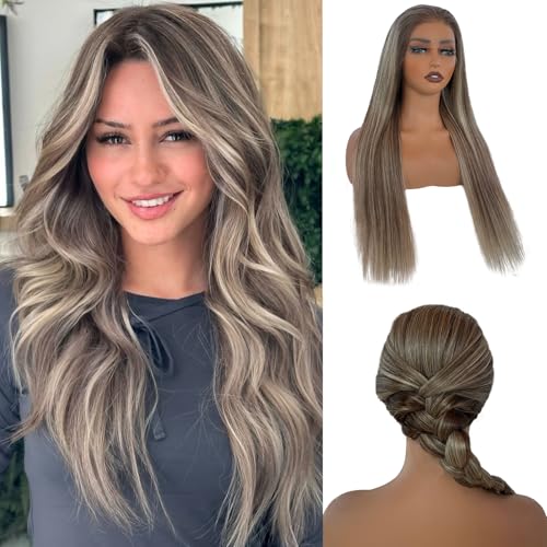 Image of Munx Ombre Highlight Ash Blonde Lace Front Wigs Human Hair, 13x6 HD Straight Lace Front Wigs Pre Plucked Balayage Glueless 180% Density Full Ends Wig Brown Roots Highlighted Human Hair Wig 20 inch