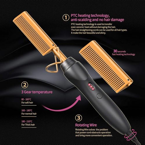 Plancha para el Cabello Licavey con Peine Integrado, 2 en 1, Calentamiento Rápido para Uso en Cabello Seco y Mojado, Temperatura Ajustable, Reduce el Tiempo de Estilizado, Dorado (Enchufe EE.UU. 100 a 240 V) miniatura 5