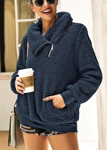 KIRUNDO Sherpa Pullover Womens Fleece Zip Sweatshirt Fall(Dark Blue, M) - image 3