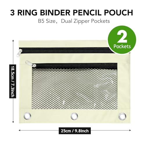 Image of Pencil Pouch for 3 Ring Binder, Heavy Duty Canvas Dual Zipper Pen Bag with Clear Window, Smooth Metal Zipper, Fit Standard 3-Ring Binders for School Office Travel Supplies (Beige)
