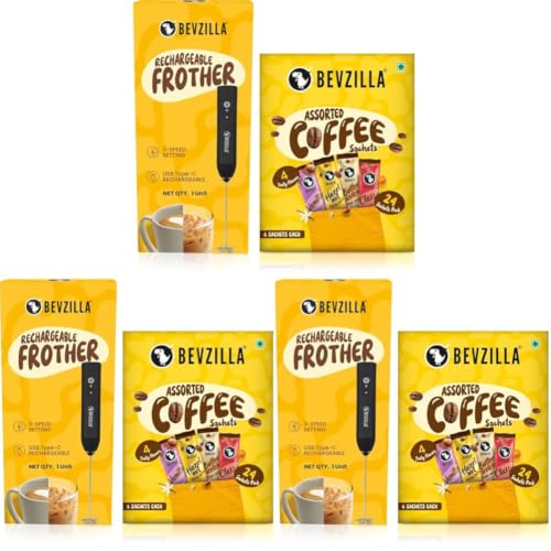 Image of Bevzilla 24 Assorted Coffee & Rechargeable Electric Frother Combo Pack | 3-Speed Setting with Type-C Fast Charging| 6 Pouches Each Flavour | Cafe Coffee Kit | Enjoy Hot & Cold (Pack of 3)
