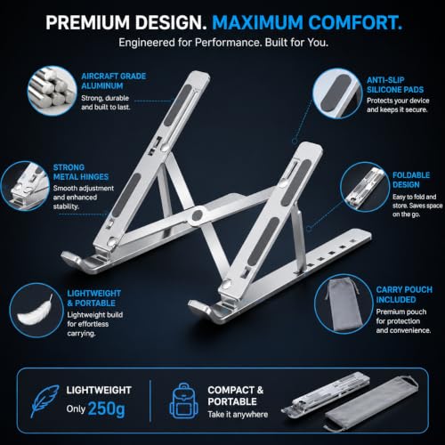 Image of Ergonomic Laptop Stand Aluminum, Foldable Height Adjustable Notebook Holder with Ventilation Design for MacBook, Dell, HP, Lenovo, ASUS & Acer